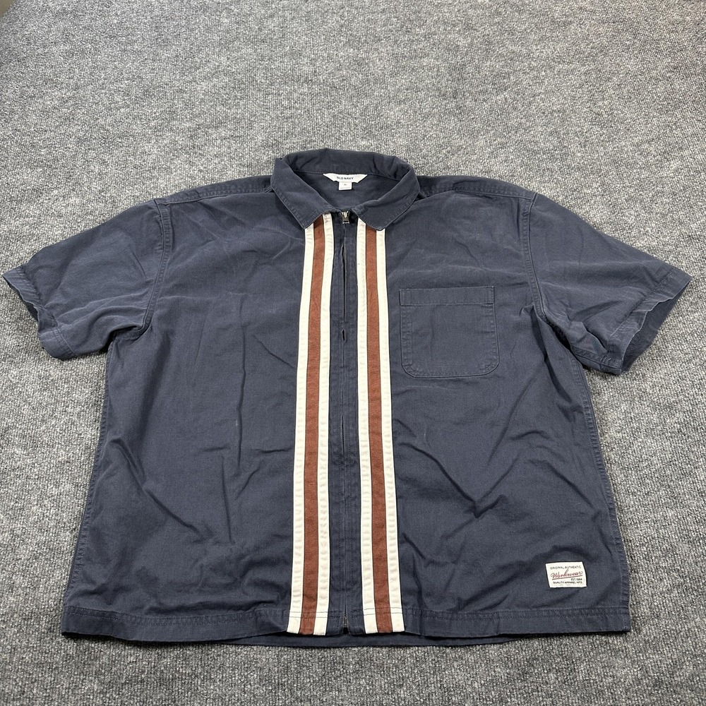 Old Navy Shirt Mens XL Blue Short Sleeve Full Zip Striped Workwear Pocket Casual